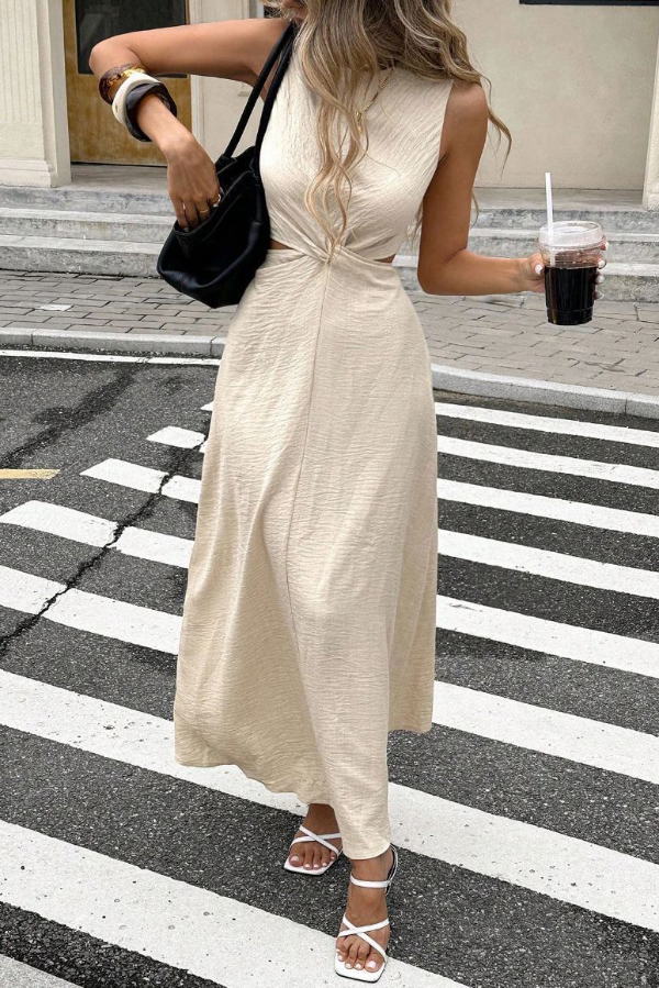 Solid Color Round Neck Sleeveless Hollowed-out Waist Knot Casual Maxi Dress | Consonak