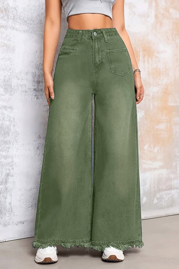 Stylish Loose-fitting Frayed Hem Casual Pocket Wide-leg Jeans