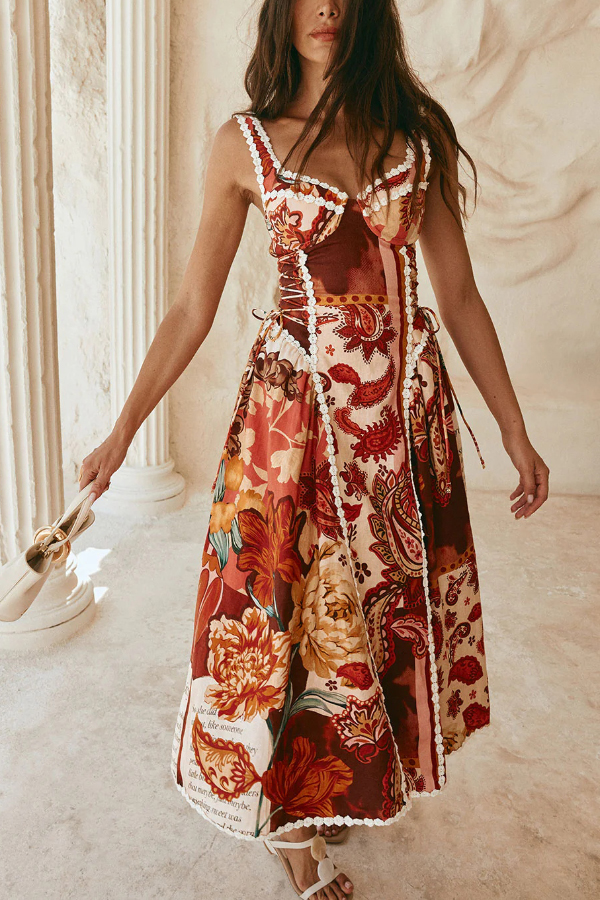 Unique Printed Floral Trim Suspender Side Tie Vacation Midi Dress