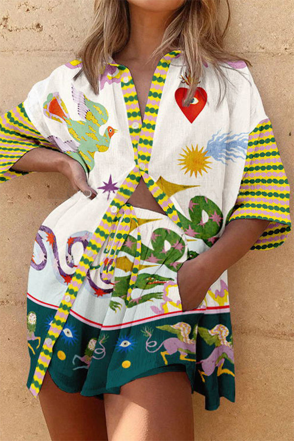Hillary Linen Blend Unique Print Oversized Blouse and Elastic Waist Pocketed Shorts Set-consonak