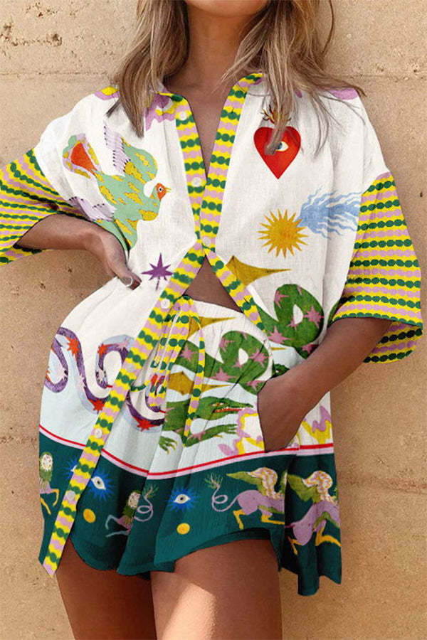Hillary Linen Blend Unique Print Oversized Blouse and Elastic Waist Pocketed Shorts Set-consonak