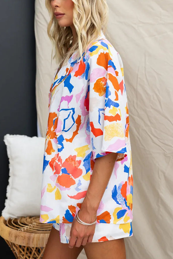 Viva La Travel Unique Print Loose Button Shirt and Elastic Waist Shorts Set-consonak
