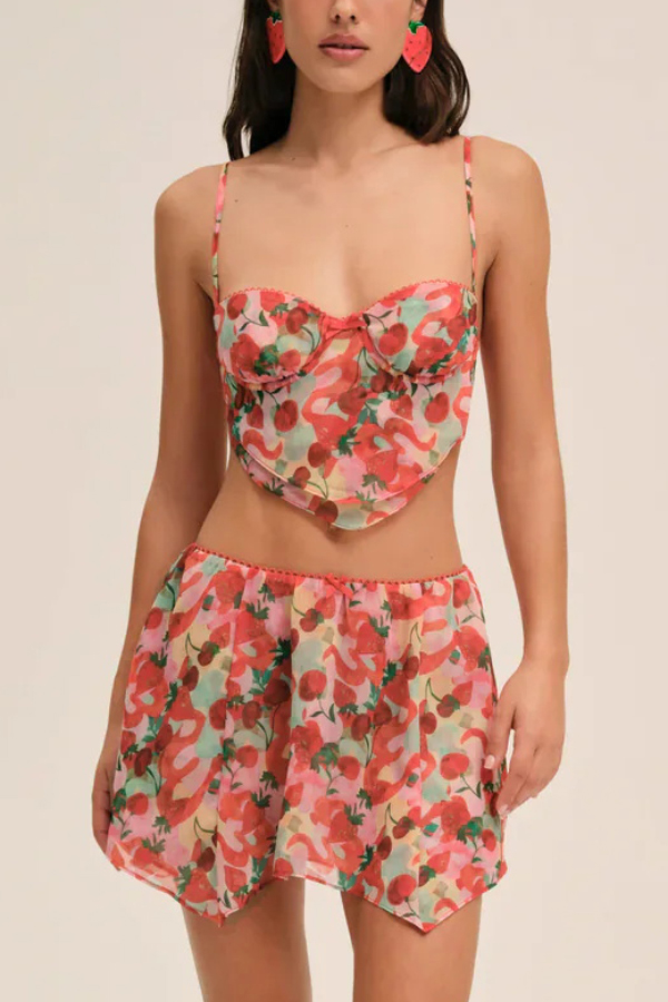 Fruit Print Elastic Waist Casual Mini Skirt