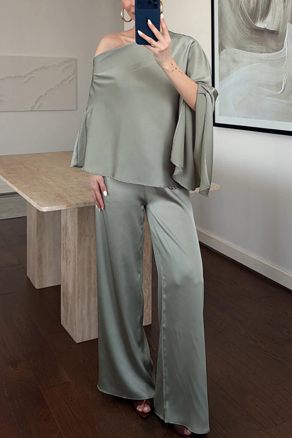Arnell Satin One-Shoulder Cape Top and Elastic Waist Wide Leg Pants Set