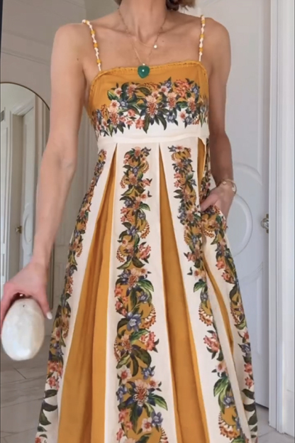 Bloom Bright Linen Blend Floral Print Beaded Shoulder Straps Pocket Maxi Dress-consonak