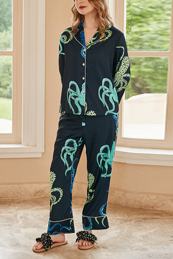 Black Octopus Print Home Long-sleeved Two-piece Set | Consonak