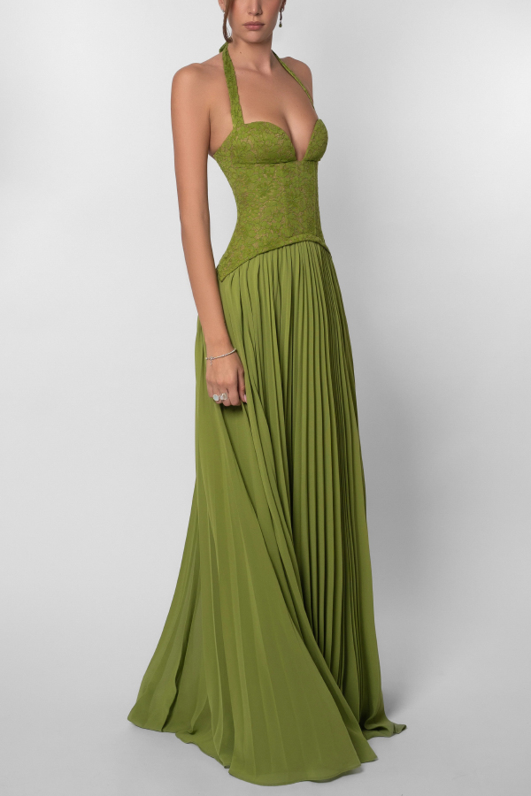 Elegant Lace Patchwork Halter Neck Tie Backless Pleated Maxi Dress-consonak