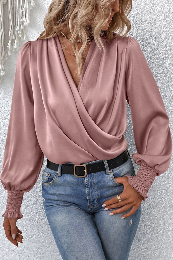 Satin Solid Color V-neck Lantern Sleeve Elegant Loose Shirt-consonak