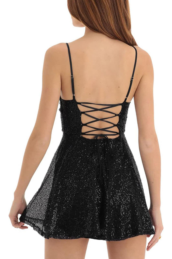 Stylish and Sexy Sequin Sling Backless Lace-up Mini Dress-consonak