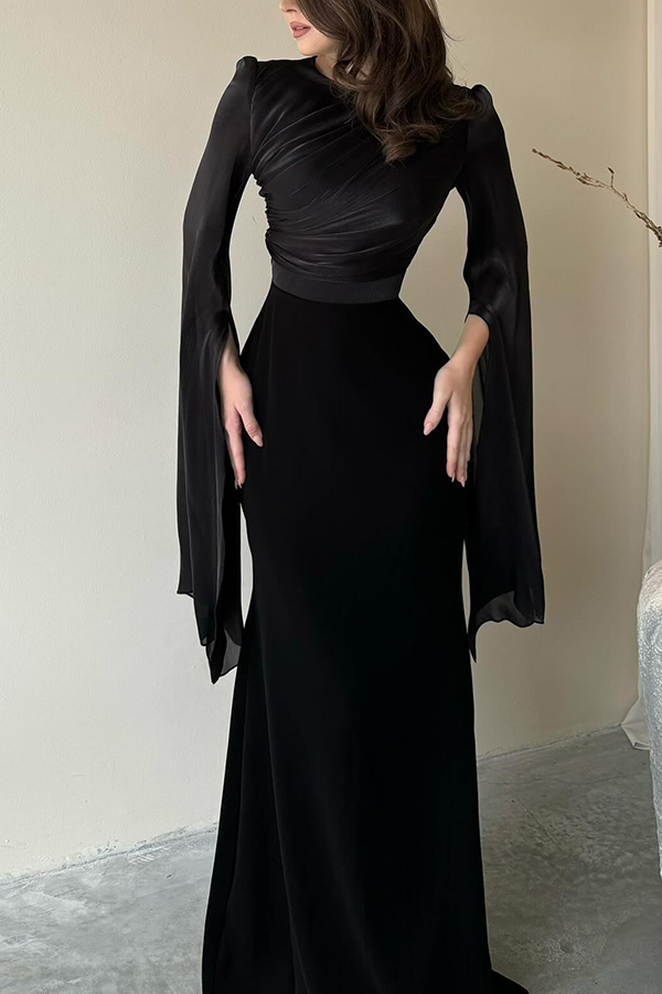 Liora Ruched Organza and Satin Patchwork Design Long Bell Slit Sleeve Maxi Dress | Consonak