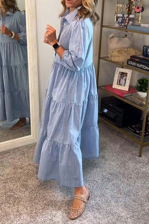 Solid Color Lapel Elastic Cuffs Loose Maxi Dress-consonak