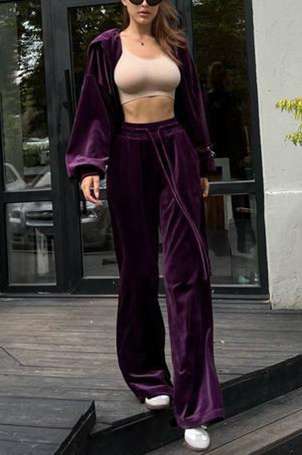 Velvet Casual Zip-up Hooded Top and Elastic Waist Wide Leg Pants Set-consonak