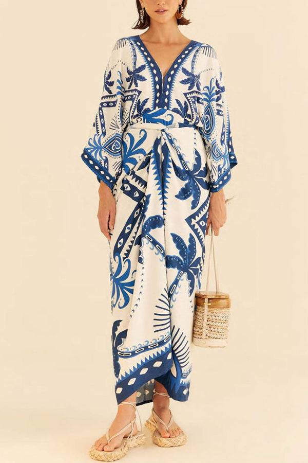 Chic Palm Tree Ethnic Print Fake Two Piece Lace Up Maxi Dress-consonak