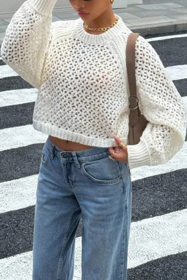 Fashionable Openwork Round Neck Long-sleeved Backless Tie Knit Sweater