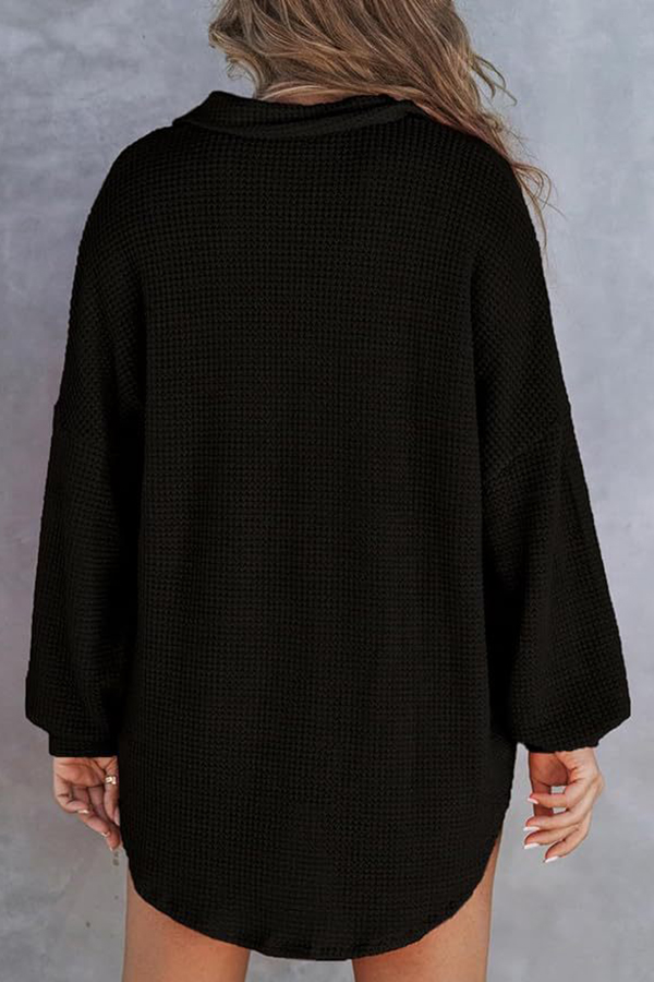 Solid Color Waffle Loose Casual Knitted Pocket Top-consonak