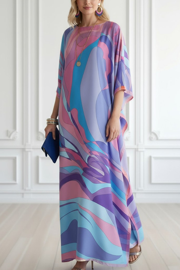 Unique Geometric Print Loose Round Neck Vacation Cover-up Maxi Dress