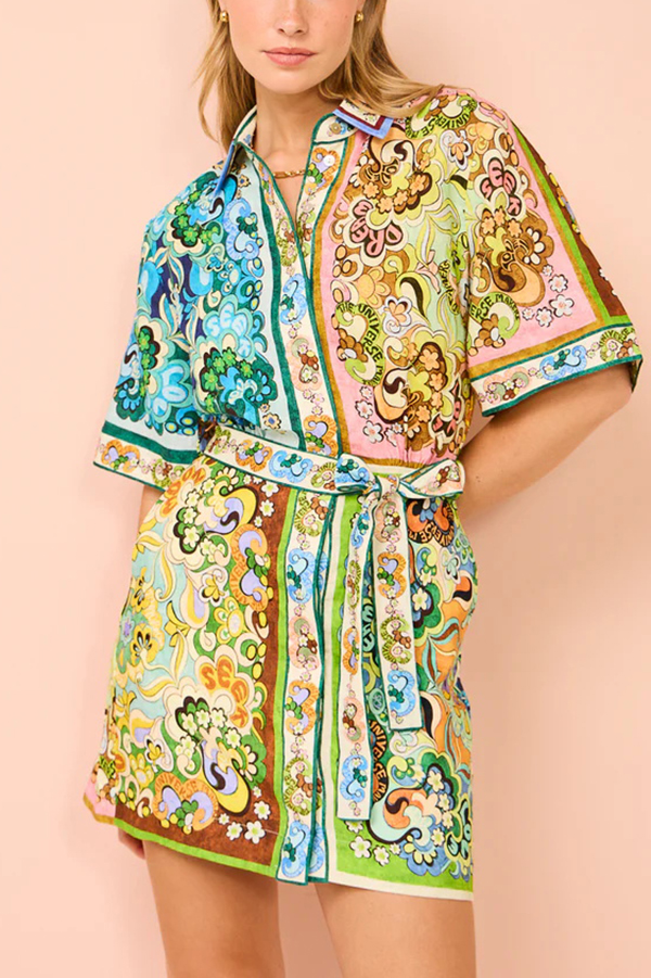 Sasha Linen Blend Unique Printed Shirt Style Tie-waist Mini Dress-consonak