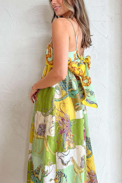 Dragon Family Printed Linen Blend Pocketed Back Knotted Midi Dress-consonak