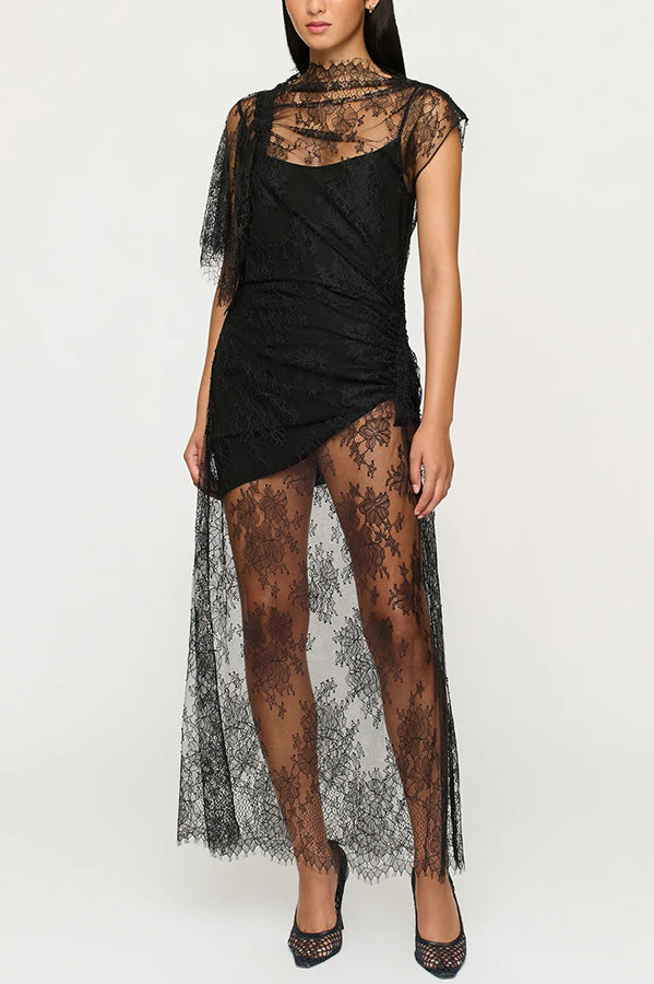 Romantic Statement Lace One Shoulder Bell Sleeve Asymmetrical Maxi Dress-consonak