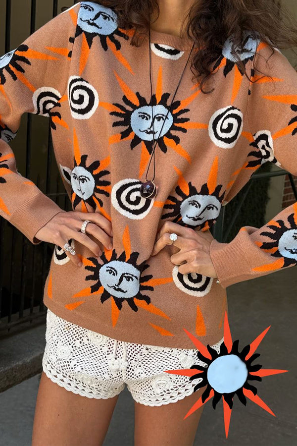Mediterranean Art Knit Unique Sun Vortex Print Long Sleeve Relaxed Sweater-consonak