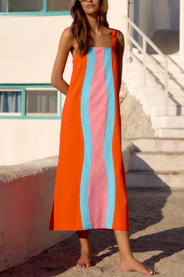 Fashionable Color-blocked Printed Square Neck Sleeveless Vacation-style Maxi Dress