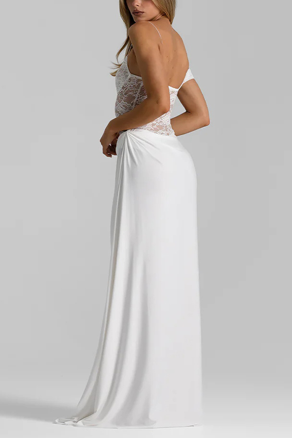 Sexy See-Through Lace Suspender Slim Slit Maxi Dress-consonak