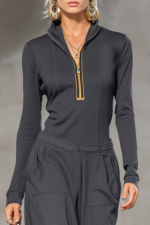 Solid Color Zip-up Long-sleeved Top and Casual Pocket Wide-leg Pants Set-consonak