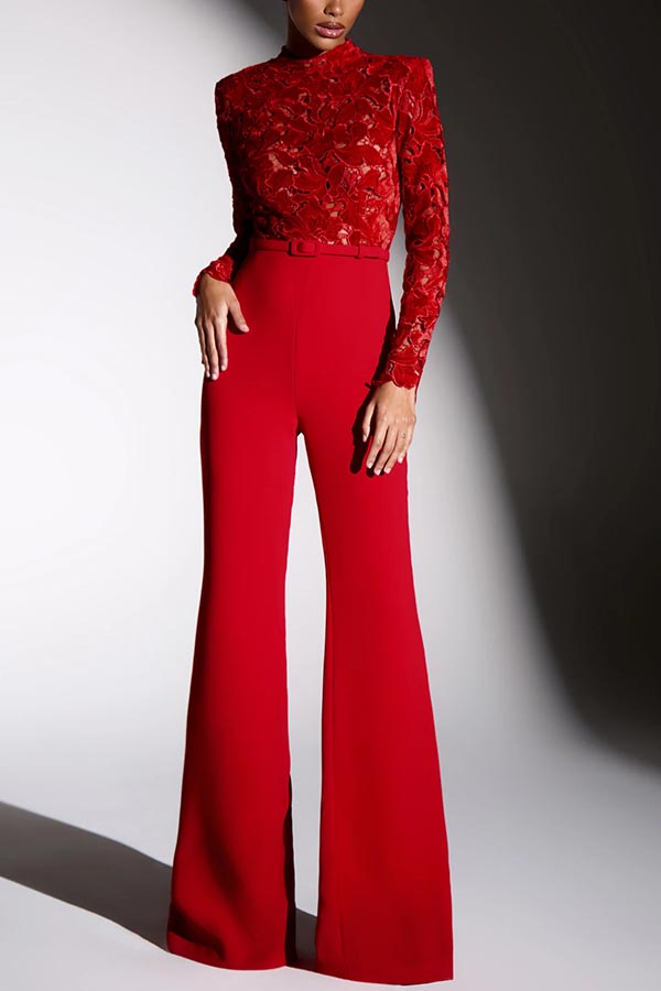 Eleanor Embroidered Floral Lace Long Sleeve Patchwork Belt Flare Jumpsuit | Consonak