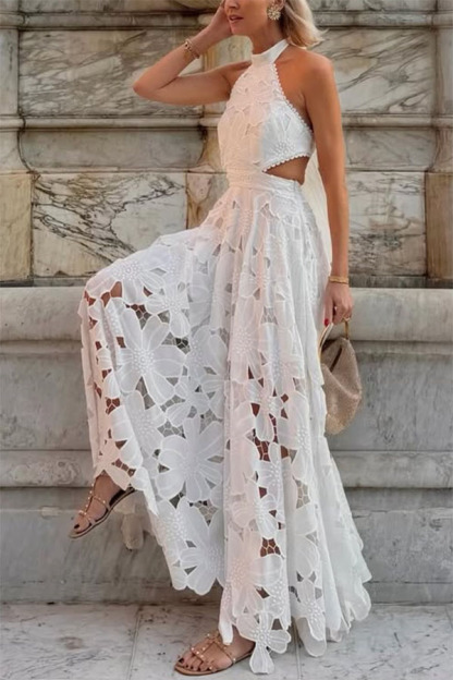 Sevilla Sun Embroidery Crochet Flowers Cutout Waist Halter Backless Maxi Dress-consonak