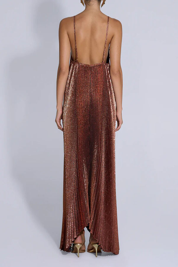 Muse Glitter Fabric Pleated V-neck Tulip-cut Hemline Slip Maxi Dress