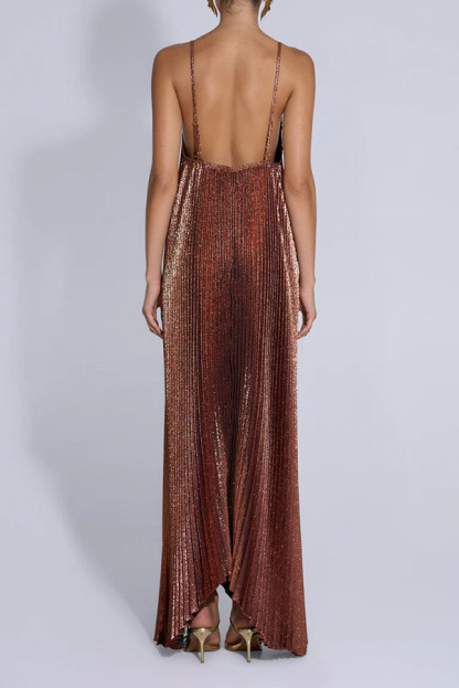 Muse Glitter Fabric Pleated V-neck Tulip-cut Hemline Slip Maxi Dress