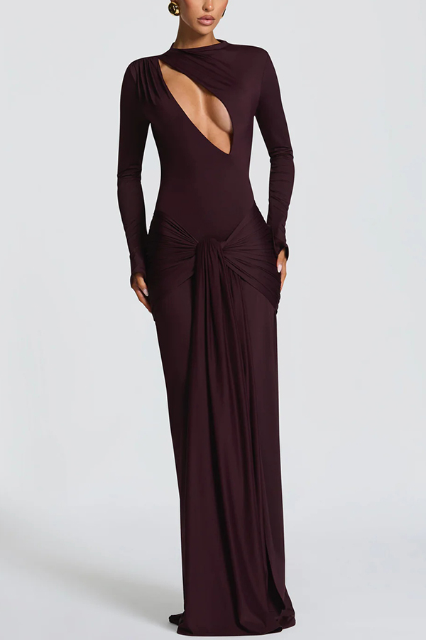 Sexy Cutout Fitted Long-sleeved Pleated Satin Ribbon Maxi Dresses-consonak