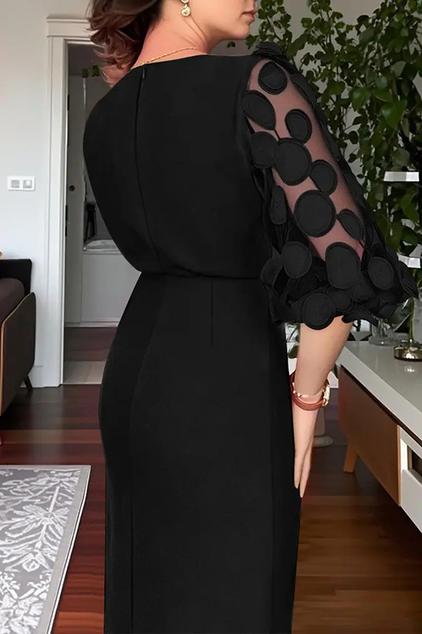 Solid Color Polka Dot Lantern Sleeve Slim High Waist Midi Dress-consonak