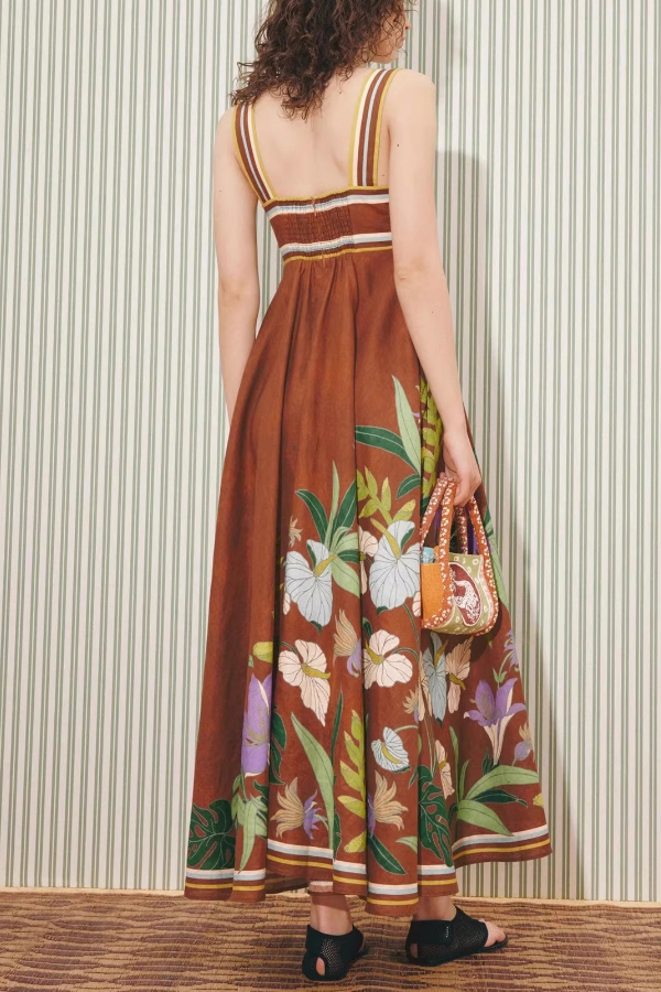 Brown Floral Linen Midi Dress | Consonak
