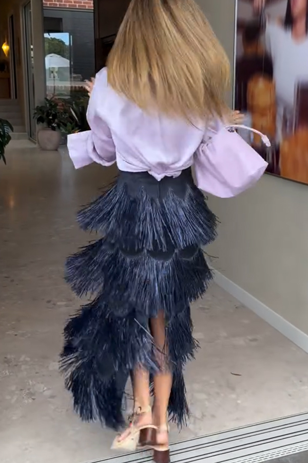 Freestyle Dance Steps Layered Tassels High Rise Back Zipper Slit Maxi Skirt-consonak