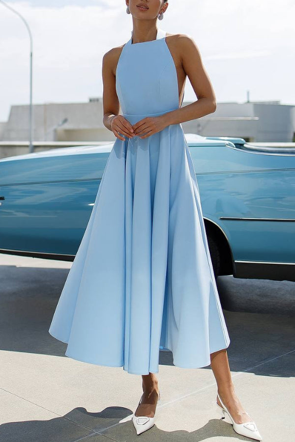 Solid Color Halter Neck Bow Tie Elegant Waist-cinching Midi Dress-consonak