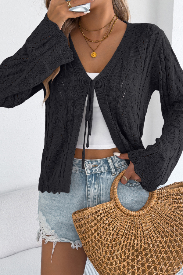 Solid Color Loose V-neck Long-sleeved Vacation Knit Cardigan-consonak