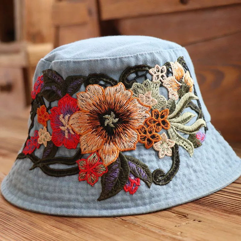 Fashionable Ethnic Style Embroidered Denim Bucket Hat | Consonak