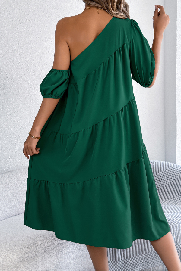 Solid Color Loose Slash Neck Short-sleeved Casual Midi Dress-consonak