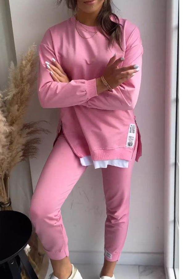 Solid Color Round Neck Long-sleeved Sweatshirt and Elastic Waist Pants Set-consonak