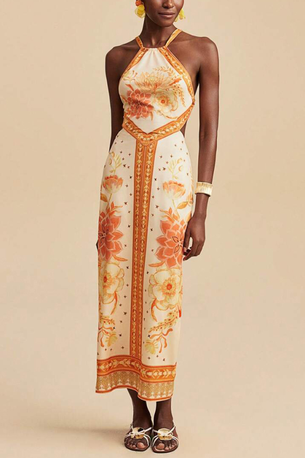 Floral Print Sleeveless Backless Tie Slim-fit Vacation Maxi Dress