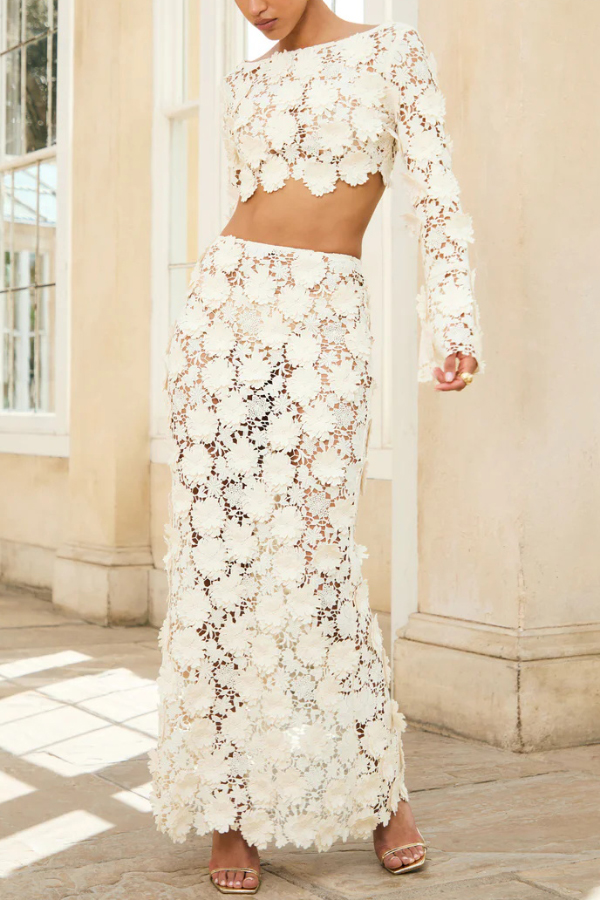 Stylish Long-sleeved Backless Lace Top and Elegant Openwork Maxi Fishtail Skirt Set | Consonak