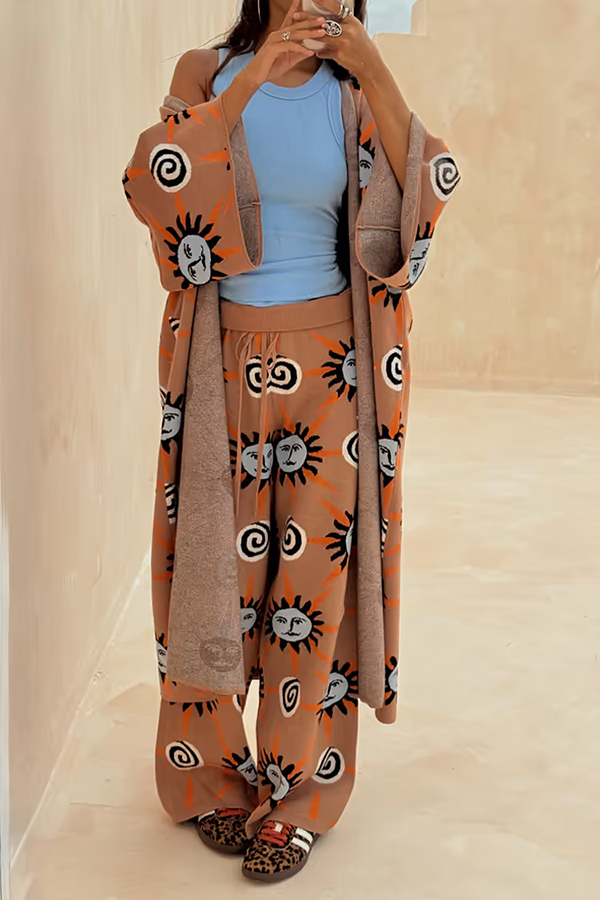Mediterranean Art Knit Unique Sun Vortex Print Elastic Waist Wide Leg Pants-consonak