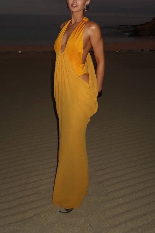 Saffron Muse Draped Halter Dress-Consonak