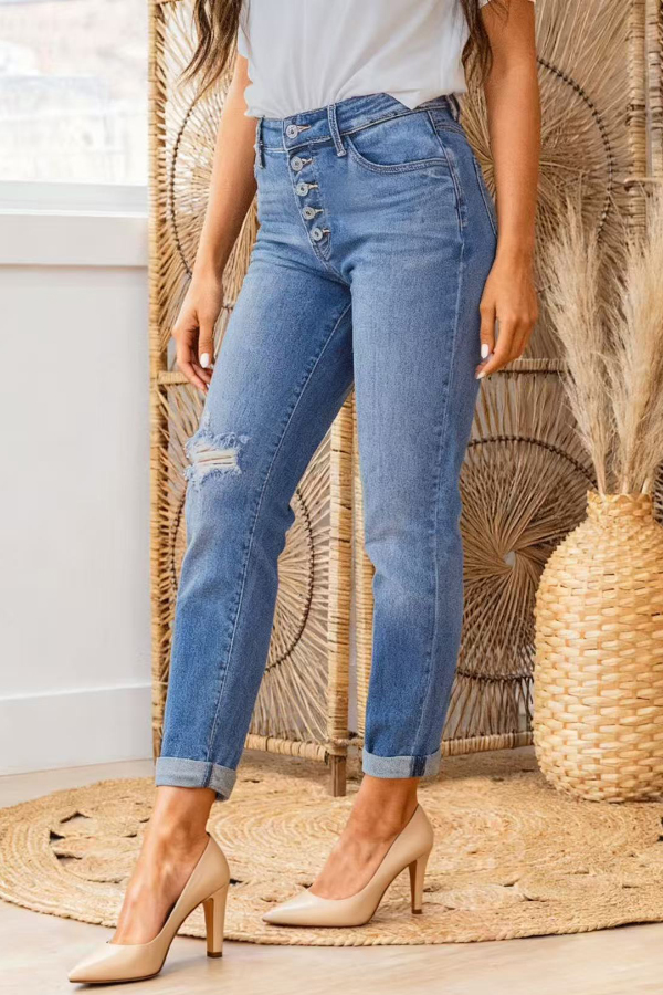 Stylish High-waisted Button-down Casual Pocket Ripped Jeans