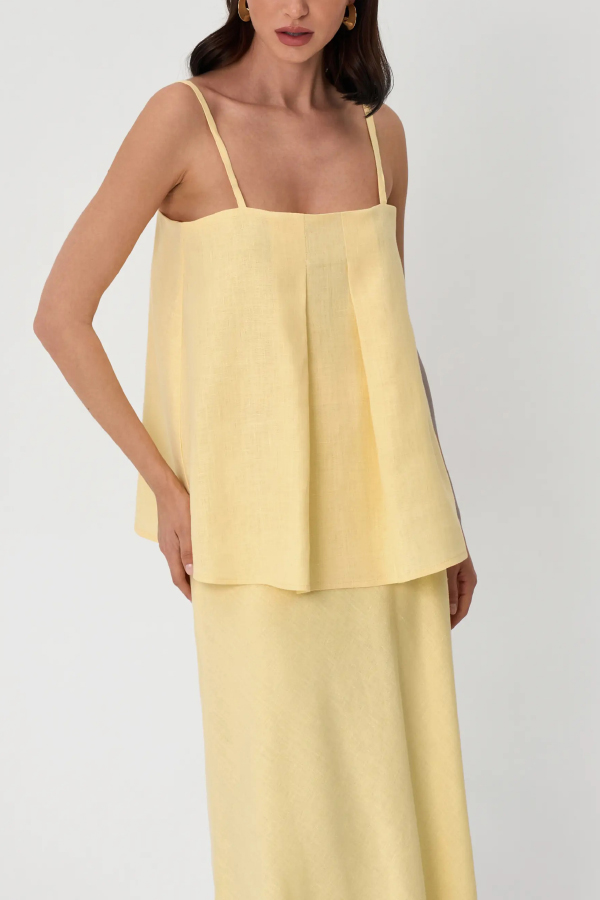 Linen Blend Loose Square Neck Camisole Top and Elegant Resort Maxi Skirt Set-consonak