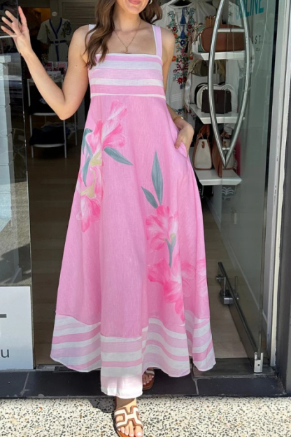 Floral Print Sleeveless Square Neck Casual Pocket Holiday Maxi Dress