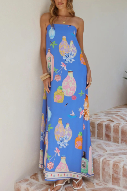 Linen Blend Perfume Bottle Print Sleeveless Off-shoulder Casual Pocket Vacation Maxi Dress