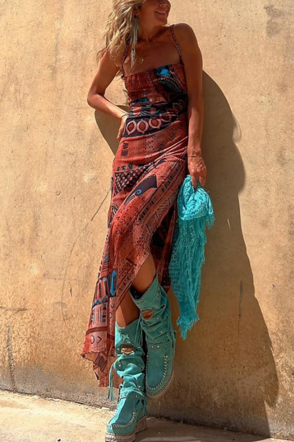 Gypsy Style Unique Print Cowl Neck Back Lace-up Slit Midi Dress-consonak