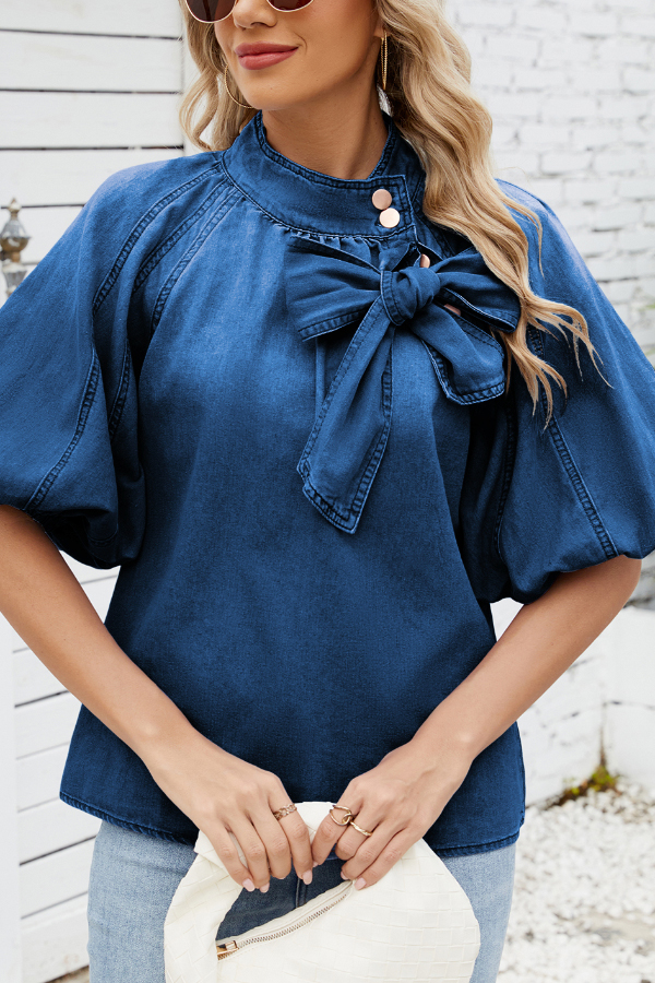 Fashionable Tie-up Bow Loose Lantern Sleeve Denim Top